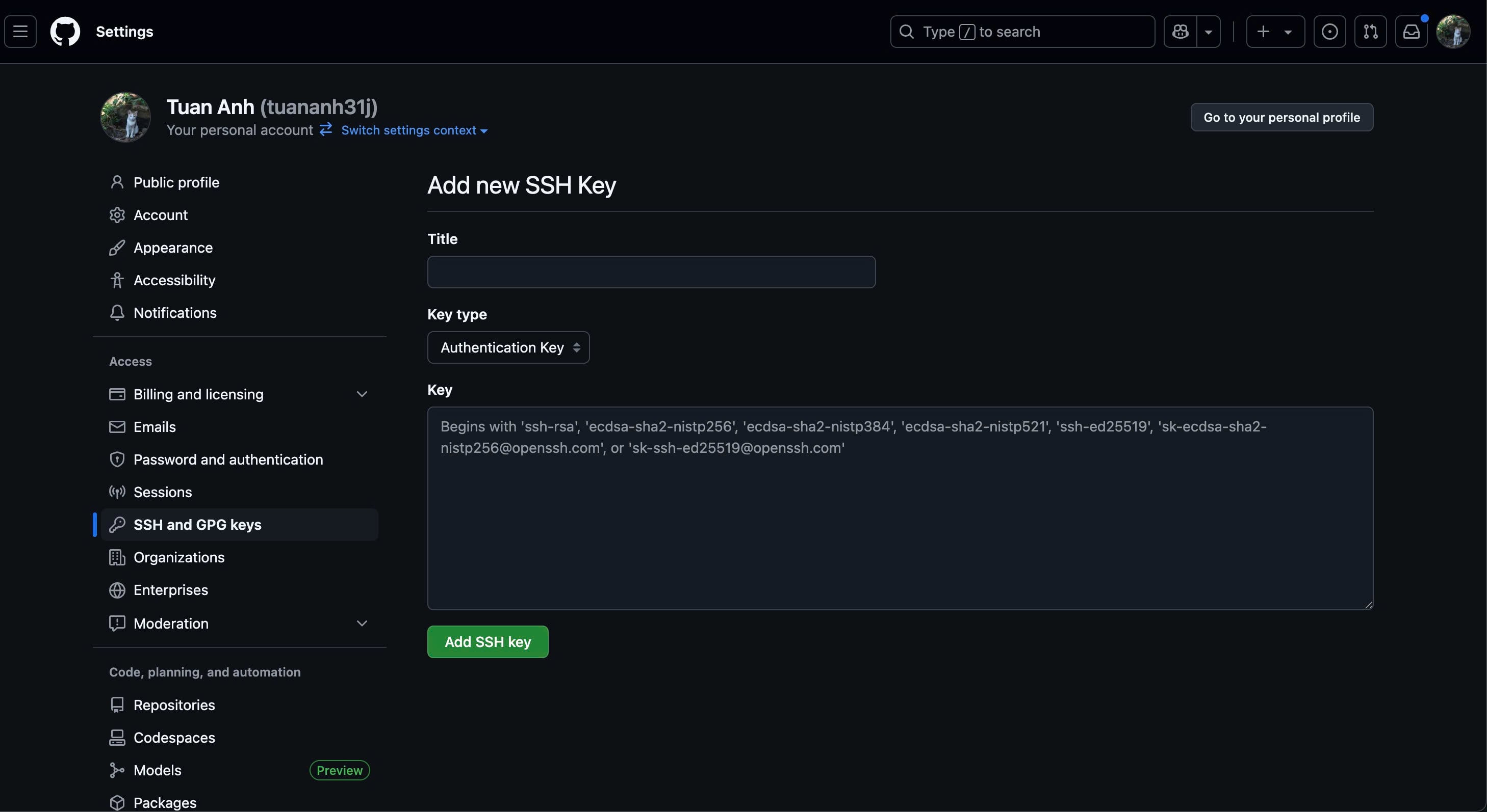 Thêm SSH vào Github